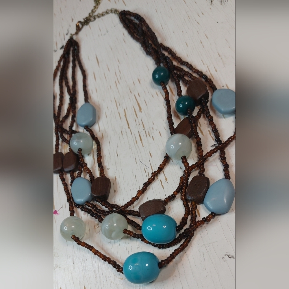 Multistrand Brown Seed Beads Turquoise Glass Beads Necklace 16.5 inches Jewelry - Picture 2 of 5